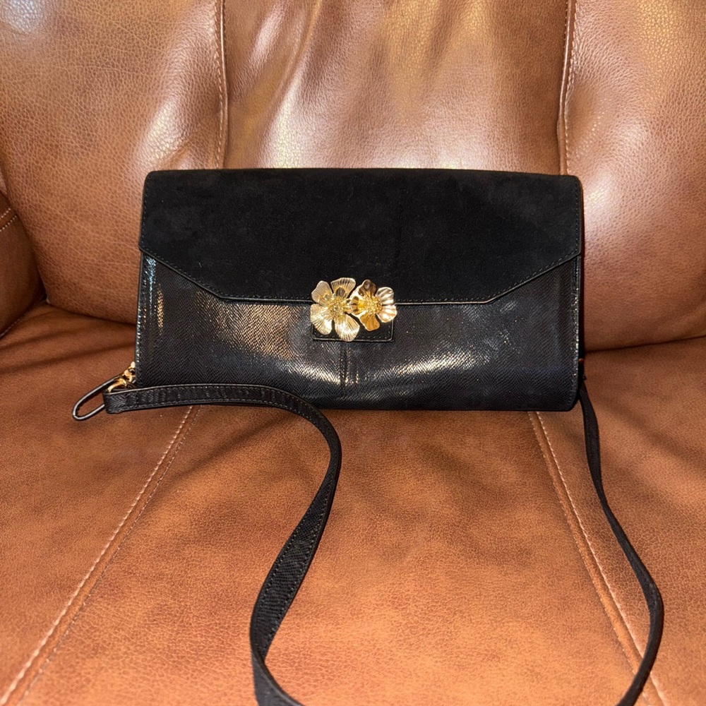 White House Black Market Black Clutch/Crossbody with Gold Floral Detail